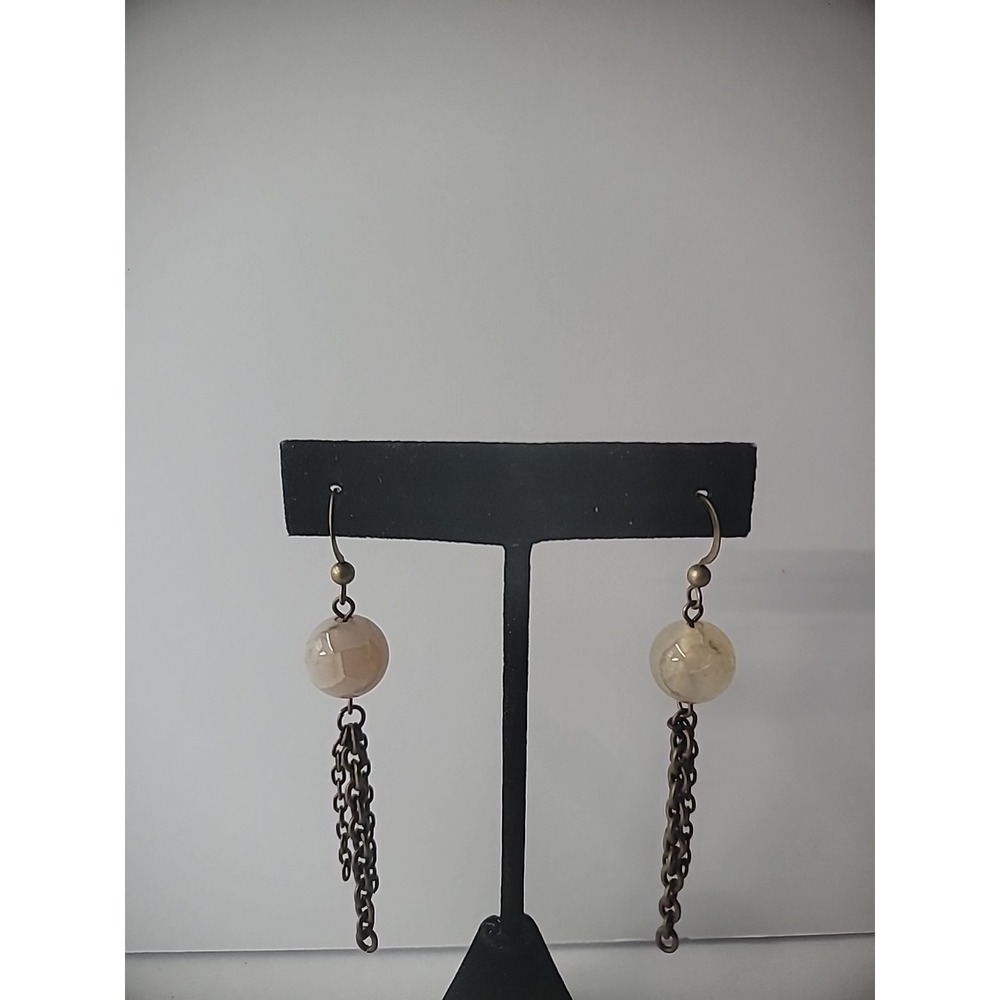 New Earrings Pierced Hook Black Fire Agate Stones Tassel Gold Tone Drop Dangle